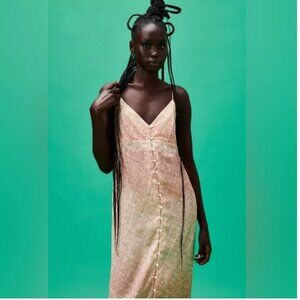 Zara Pink Ombré Floral Button Front Satin Midi Slip Dress Y2K Style Size Small